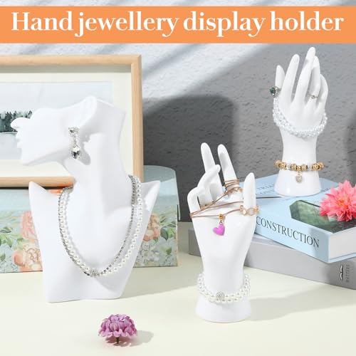 3 Pcs White Jewelry Display Mannequin Set Including Boutique Bust Holder and Hand Models Bracelet Ring Earring Showcase Display Holdor Stand for Boutique and Photography