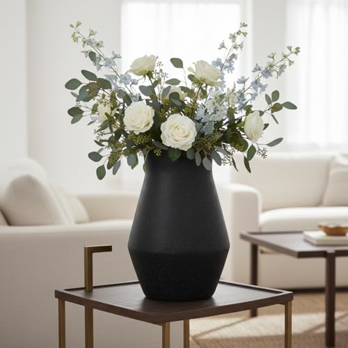 1pcs. Black Vase for Home Decor Table, Living Room, Entryway Ceramic Geometric Wide-Mouth for Flowers Textured Matte Unglazed Pottery - Black Height 11 in/Width 7.48 in/Opening 4.92 in - color: Black, size: 11 inch