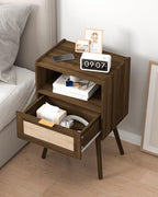 Veegle Nightstand,Modern Bedside Table with Storage Drawer and Open Wood Shelf, Accent Night Stand with Solid Wood Legs for Living Room, Bedroom and Small Spaces,Easy Assembly (Walnut Brown-Rattan) - color: Walnut Brown-rattan