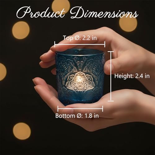 12 Pack Mandala Embossed Glass Candle Holders – Votive Tealight Holders with Patent Design, Decorative Embossed Glass Cups for Wedding Centerpieces, Parties, and Home Décor (Ocean Blue) - color: Ocean Blue