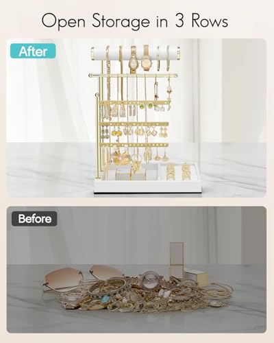VLANDO Jewelry Stand Organizer with Ring Holder, Jewelry Holder Organizer with Tray, Necklace Holder Bracket Holder Earring Holder - White - color: White