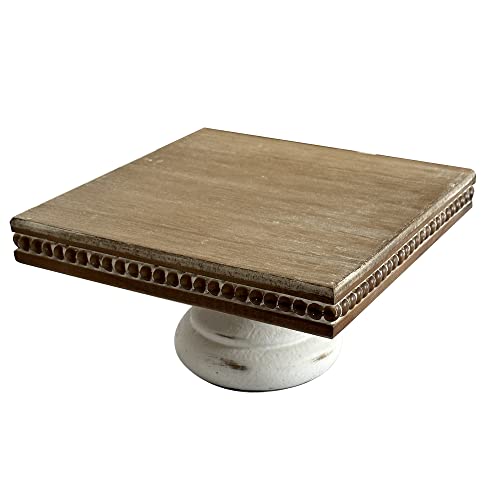 dwellington White Wash Display Wood Riser, 8.25 inch Shabby Chic Pedestal Tray Decor with Beads, Farmhouse Display Stands for Coffee Bar, Bathroom, Kitchen Island (Square)