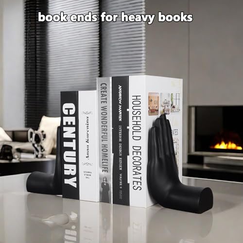 jinhuoba Decorative Bookends Hands Book Ends, Black Heavy Book Holder Ends for Shelves, Novelty Heavy Duty Book Ends for Shelves Office Home Desk Bookshelf, 8.5"(L) x 3.5"(W) x 6.8"(H), Resin