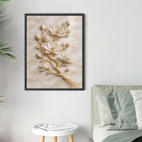 Luxury White Magnolia Flower Wall Art Gold Branch Crystal Accents Elegant 3D Floral Sculpture for Living Room Bedroom Home Decor (Black Framed,12”LX16 W)
