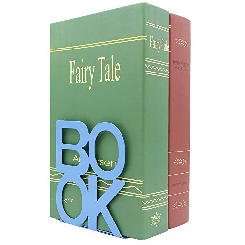 A Pair of Simple Style Book Pattern Desktop Bookends, Nonskid Metal Book Ends Book Stands for Home Office Library School Deck Decoration (Blue) - color: Blue