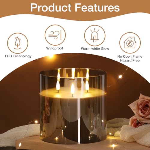 Eywamage 3 Wick Smoke Grey Glass Flameless LED Candle with Remote, Flickering Large Battery Pillar Candle Decor Φ 6" H 6" - color: Grey Glass