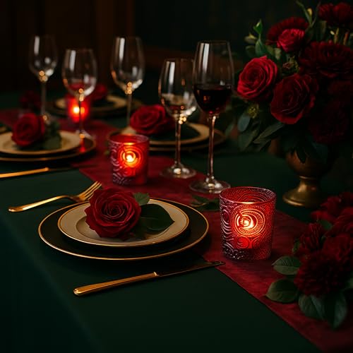 12 Pack Sun Moon Star Embossed Glass Tea Light Candle Holders - Votive Candle Holders for Wedding, Party, Home Decor, and Table Centerpieces (Ruby Red) - color: Ruby Red