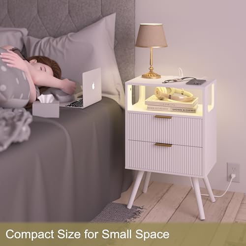 JOONEE White Nightstand with Charging Station and LED Lights,Modern Bedside Table with 2 Storage Drawer and Open Wood Shelf, for Bedroom and Small Spaces,Night Stand with Solid Wood Legs,White - color: White