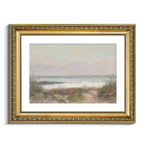 VIYYIEA Gold Framed Wall Art Canvas Print Home Decor Classical Coastal Scenery Bathroom Pictures Wall Decorations Farmhouse Wall art Room Decor Kitchen Office Bathroom Art Prints Wall Decor 11x14in - color: Beach Grass and Surf, size: 14"L x 11"W