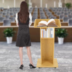 Oak Mobile 43.3" Height Rolling Podium, 3-Tier Movable Desk Lectern Laptop Workstation W/ 4 Wheels Conference Presentation Stand Portable Presentation Standing for Classroom, Church - color: Oak