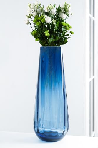 Flower Vase - Glass - Blue - Colored - Thick - 13.9" H - Square Top - Optic Design - European Made - by Barski