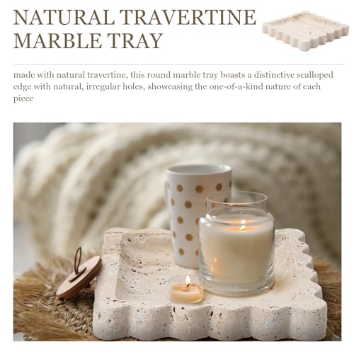 Threehoney 5.5 Inch Small Travertine Scallop Edge Stone Tray Marble Jewelry Dish Trinket Tray for Women, Perfume, Coffee Table(Square) - style: Square