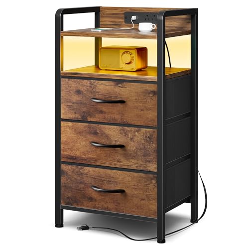 Lazzanto Night Stand Bedside Table Bedroom - Nightstand with Charging Station & LED Light Strip, Bed Side End Table with Storage Shelf & 3 Fabric Drawers, U-S-B Ports & AC Outlets, Rustic Brown - color: Rustic Brown, size: 3 Drawers