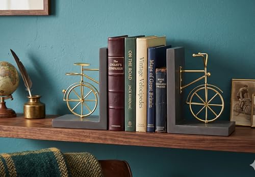 Spiretro Bicycle Bookend Supports, Decorative Book Stoppers with Non-Skid Bottom, Handcrafted Distressed Wood & Metal Book Stand, Display for Bookshelf Office Desktop, 1-Pair, Golden & Brown