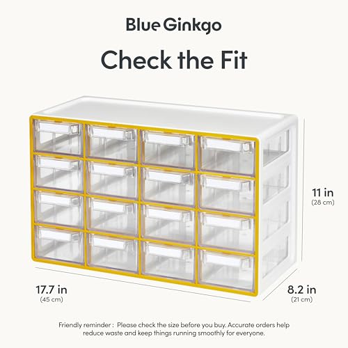 Blue Ginkgo Medium 16-Drawer Cabinet – Stackable Clear Organizer for Hardware, Beads, Plastic Bricks, Office, and Craft Storage (Made in Korea, Yellow) - color: YELLOW, size: 16 Drawer