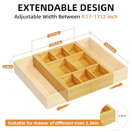 Marbrasse Bamboo Expandable Drawer Organizer, Desk Drawer Organizer Tray with 5 Dividers, Desk Organizers and Accessories, 10 Adjustable Compartments for Office Supplies, Junk, Makeup & Vanity