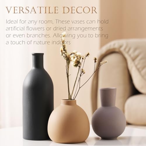 Joeabor Ceramic Vase Set of 3 - Handcrafted Ceramic Vases for Home Decor & Shelf - Modern Farmhouse Decor for Kitchen, Office, Bedroom & Living Room Decorative Objects for Mantel, Table Centerpieces - color: Set B