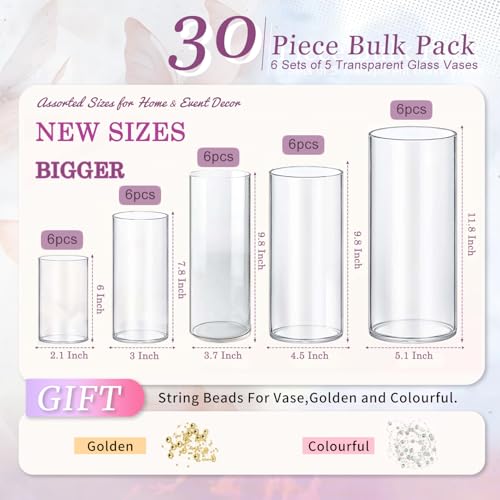 30pcs 11.8Inch Large Size Glass Vase Cylinder for Centerpieces Small Flower Glass Clear Home Decor Centerpiece Table Flower Vase Decorations for Wedding＆Holiday 6,7.9,10,10,11.8Inch Tall - size: 30Pack-6+7.9+10+10+11.8Inches
