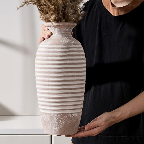 Emotionally Grounded Vase, Vaseking Large Ceramic Rustic Vase, 14.4 inch Minimalist Threaded Decorative Farmhouse Tall Vases for Home Decor, Living Room, Enterway, Table Decoration, Khaki - color: 19151-khaki, size: 14.4"