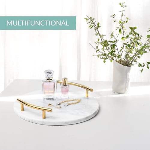 White Marble Tray with Gold Handles - Elegant Solid Marble - Chic Modern Elegant Round Vanity Tray for Bathroom - size: Round 12"