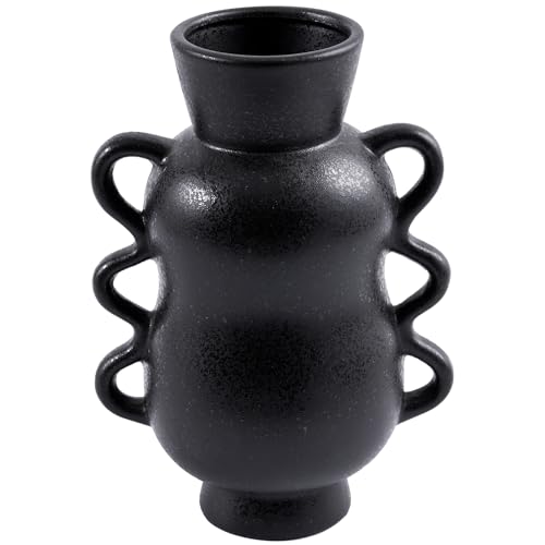 DN DECONATION Black Ceramic Vase Home Decor with Wave Handles, 10'' Tall Rustic Farmhouse Flower Vase for Table Centerpiece, Bookshelf, Living Room, Office, Modern Nordic Minimalist Decorative Vases