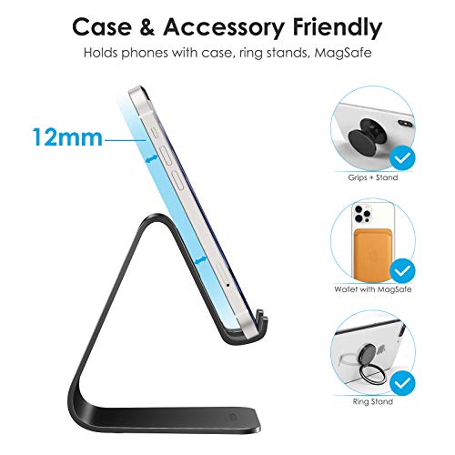 OMOTON Upgraded Aluminum Cell Phone Stand, C1 Durable Cellphone Dock with Protective Pads, Smart Stand Designed for iPhone 17 Air, 16/15/14/13 Pro Max XR XS, iPad mini, Android Phones, Black - color: Black