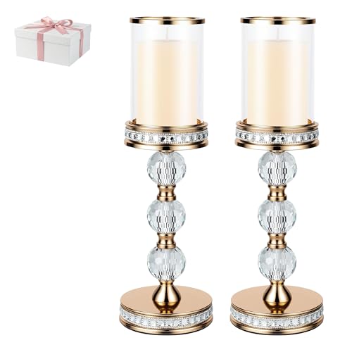 14.7" Tall Hurricane Candle Holder, Pillar Candle Holders with Glass Sleeve with Gift Box, Crystal Candle Stands for Home Warming, Weddiing, Dining Room Decor, Table Centerpiece (2, Gold, L) - color: Gold, size: Large
