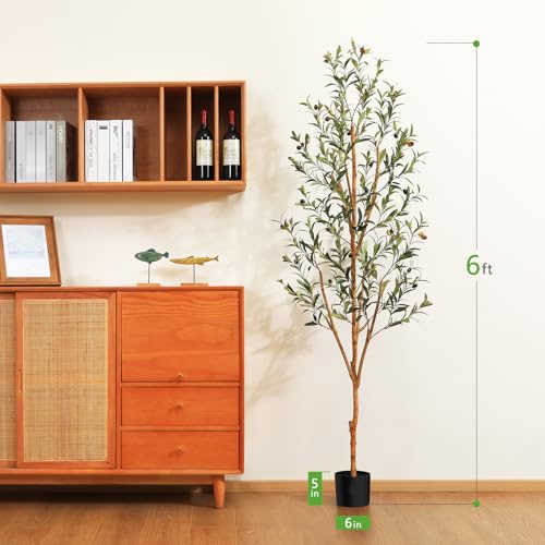 Kazeila Artificial Olive Tree 6FT Tall Faux Silk Plant for Home Office Decor Indoor Fake Potted Tree with Wood Branches and Fruits - size: 6ft