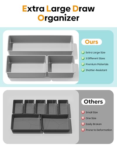 10 Pack Large Size Plastic Drawer Organizers Set, 3 Sizes Desk Drawer Organizer Trays, Storage Bins for Vanity, Makeup, Bathroom, Kitchen Utensils and Office (Gray) - color: Gray
