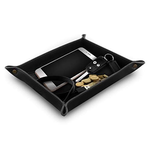 Londo Genuine Leather Tray Organizer - Practical Lightweight Water Resistant Computer Table Desk Storage Box for Wallets, Watches, Keys, Coins, Cell Phones and Office Equipment - color: Black