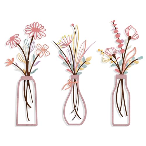Pigort 3 Pieces Metal Flowers Wall Arts - Rustic Farmhouse Style Décor Metal Wall Art Black Minimalist Flower Natural Themed Wall Decors for Home Bedroom Dining Room Housewarming (Pinkish) - color: Pinkish