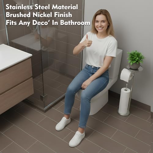 Toilet Paper Holder with Shelf, Tissue Roll Holder Stand with Storage Space for Holding Extra 4 Toilet Paper Rolls, Stainless Steel Rustproof Freestanding (Brushed Nickel) - color: Brushed Nickel