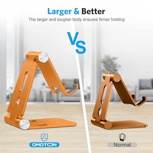 OMOTON Foldable Cell Phone Stand, C4 Portable Aluminum Phone Holder, Adjustable Phone Dock Cradle Compatible with iPhone 17/16/15 Pro Max Air, Samsung Galaxy, Small Tablets, Smart Phones, Orange - color: Orange