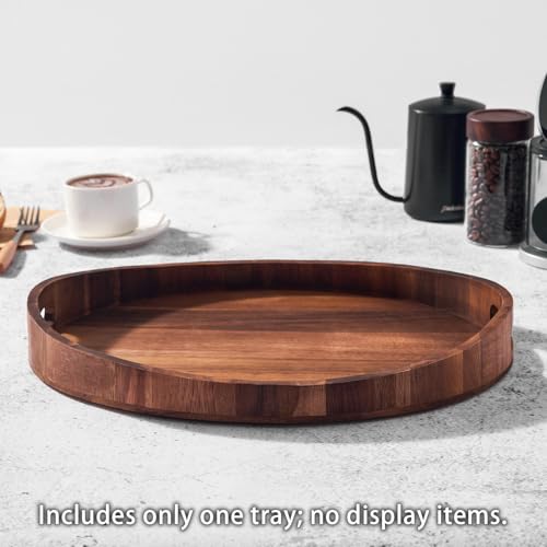 SARUFO Acacia Wood Round Ottoman Tray – Decorative Serving Tray with Handles for Coffee Table, Breakfast in Bed, Living Room, Kitchen Counter, Candle Display, Tea Party, Lunch, Dinner, Bathroom