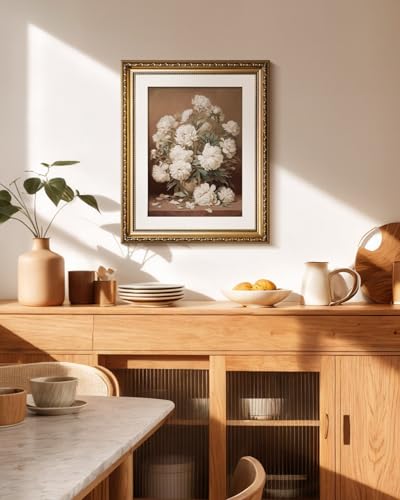 HUARCEY Vintage Peony Canvas Wall Art 13x16 Inch Gold Framed Floral Oil Painting, Still Life Classic Flower Bouquet Artwork Living Room Bedroom Hallway Entryway Dining Room Décor - color: Falling, size: 16"L x 13"W