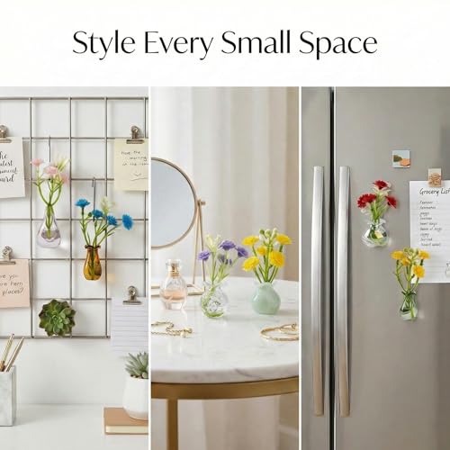 10-Pack Magnetic Mini Glass Vases Set with 30+ Flowers – Slam-Proof Strong Magnet for Fridge, Locker & Office Decor – Crystal Clear Bud Holders for Propagation for Women - color: Glass