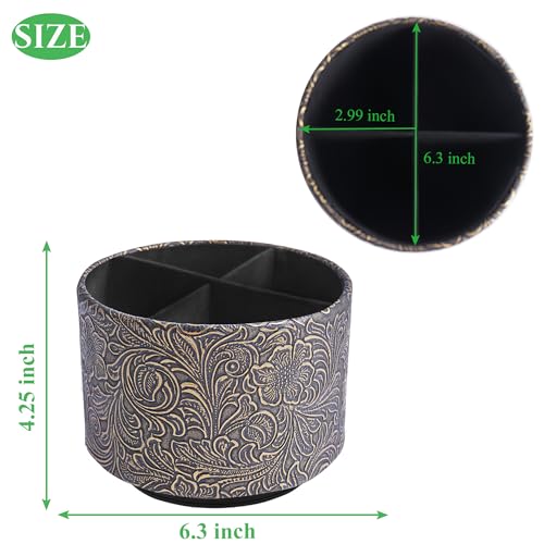 lizimandu Round Leather Art Supply Organizer,Remote Control Holder,360 Degree Spinning,Multi-Functional Pencil Holder,4 Compartments Desktop Stationary Organizer(1-Carved Cooper Gold) - color: 1-Carved Cooper Gold