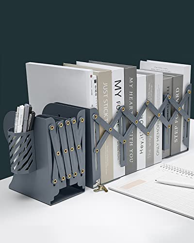MSDADA Adjustable Bookends, Book Ends for Heavy Books, Expandable Book Organizer with Pen Holder for Desk, Shelf, Office,School, Thanksgiving for Students and Teachers (Grey) - color: Gray