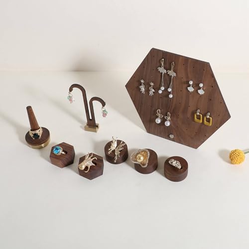 GemeShou 6pcs Wood Jewelry Ring Storage organizers, Retail ring display slot stand, Small walnut Jewelry ring holder tray for Girl Woman Room Decoration【Walnut-Round 6pcs】 - style: Circle