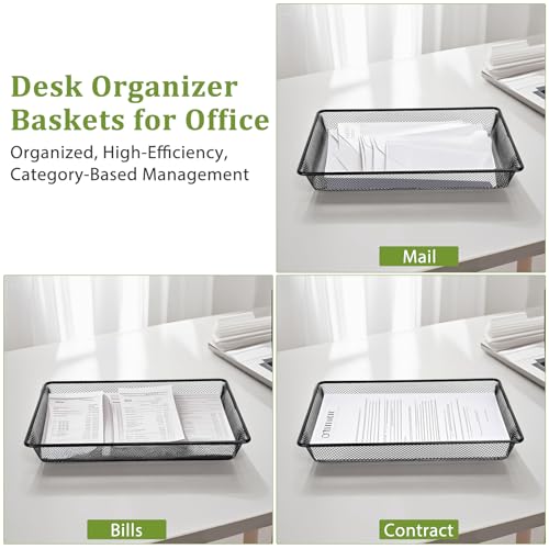 Office Metal Mesh Basket for Desk, Single Paper Tray Organizer, Turn in Trays Classroom, Flat Mail Letter Storage Basket for Office Home Drawers School, Black (5 Pack)