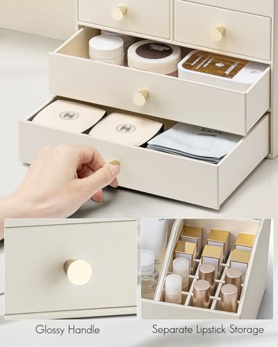 VLANDO Makeup Organizer Countertop,Large Vanity Organizer PU Leather Make up Storage with 4 Drawers Perfume Organizers Cosmetic Display Case for Lipstick,Brushes,Bedroom-Beige - color: 4 layers-Beige