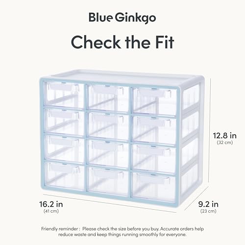 Blue Ginkgo Large 12-Drawer Cabinet – Stackable Clear Organizer for Hardware, Beads, Plastic Bricks, Office, and Craft Storage (Made in Korea, Blue) - color: BLUE, size: 12 Drawer