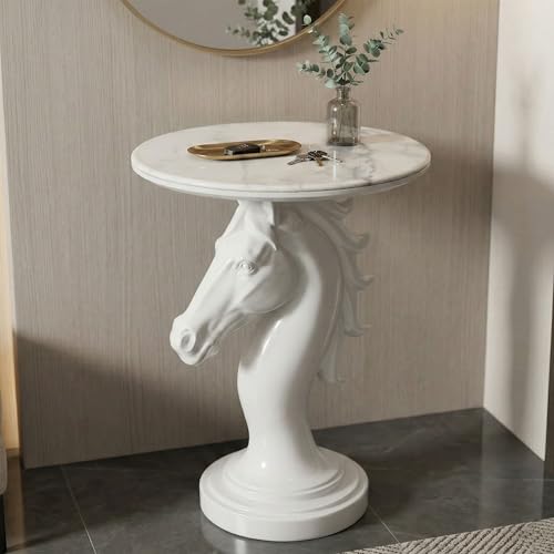 Modern Horse Statue Side Table - Round Faux Marble Top Accent Pedestal with Sculpture Base for Entryway & Living Room, White - color: White Horse