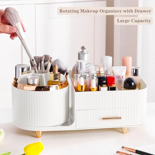 Rotating Makeup Organizer for Vanity with Brush Holder and Drawer, Cosmetic Makeup Storage, Large Spinning Makeup Skincare Organizer, Countertop Makeup Perfume Organizer, Lotions Display Case (White) - color: With Drawer-White