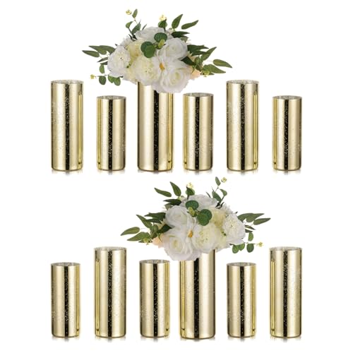 Glass Cylinder Vases Set of 12, Hewory Glittery Gold Vase for Centerpieces, Glass Hurricane Candle Holders for Pillar Floating Candle, Tall Round Vase for Wedding Anniversary Events Home Table Decor - color: Gold