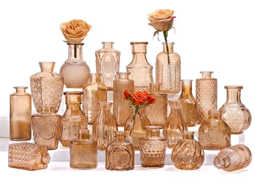 24 Pcs Glass Bud Vase Set, Small Glass Vases for Flowers, Mini Clear Bud Vases for Centerpieces, Wedding, Home, Office and Table Decoration, Amber - color: Amber, size: 24pcs