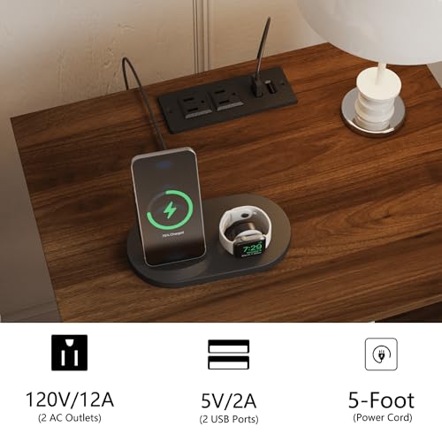 JOONEE Rattan Nightstand with Charging Station,Farmhouse Bedside Table with 2 Storage Drawer and Open Wood Shelf, for Bedroom and Small Spaces,Night Stand with Solid Wood Legs (Walnut Brown-Outlet) - color: Walnut Brown-outlet