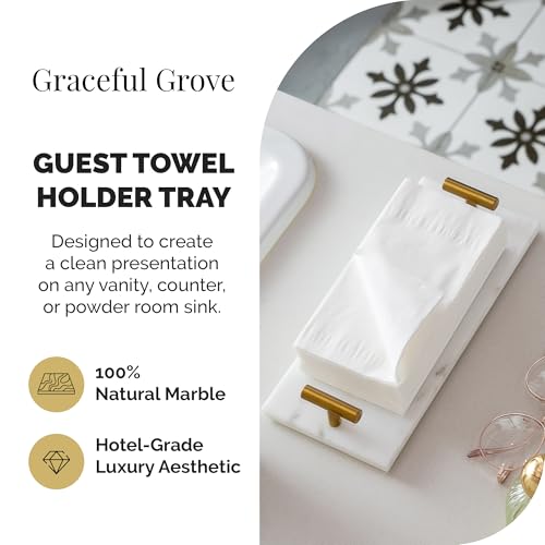 Marble Guest Towel Tray – Luxury Countertop Napkin Holder for Bathroom & Vanity, Real Natural Stone with Brass Handles, Includes Marble Care Cloth