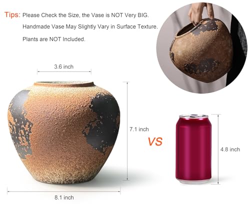GeLive Round Ceramic Vase Brown Rustic Textured Moon Jar Table Centerpiece Pottery Vase Decorative Planter Pot Flower Container for Fresh Dried Plants Home Decor Kitchen Utensil Holder - color: Brown