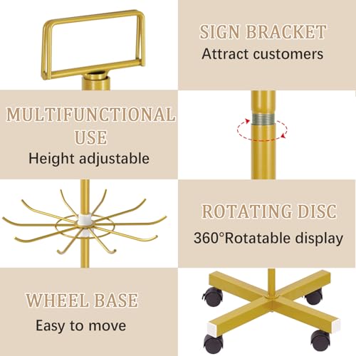 Retail Display Stand Store Display Rack 6 Tier Metal Spinning Display Stand Rack with Wheels Keychain Jewelry Stocking Hat Stand with Hooks for Malls, Showroom, Retail Store (6 Tier Gold) - color: 6 Tier Gold
